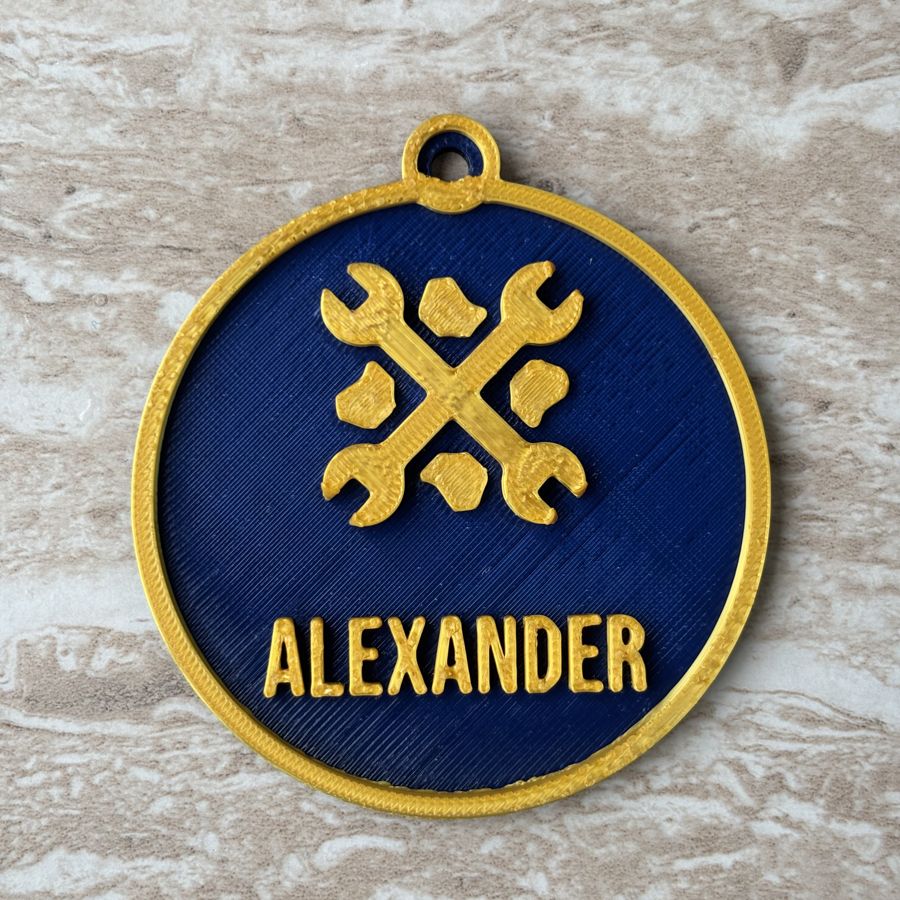 Personalised mechanic ornament with crossed spanners and the name ALEXANDER