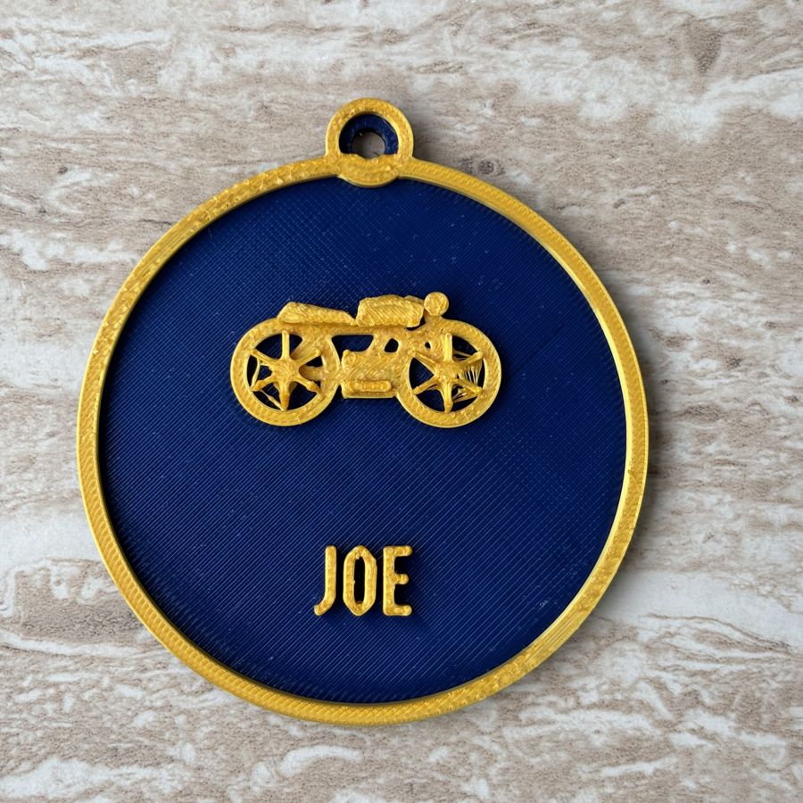 Personalised motorbike ornament with a café racer and the name JOE